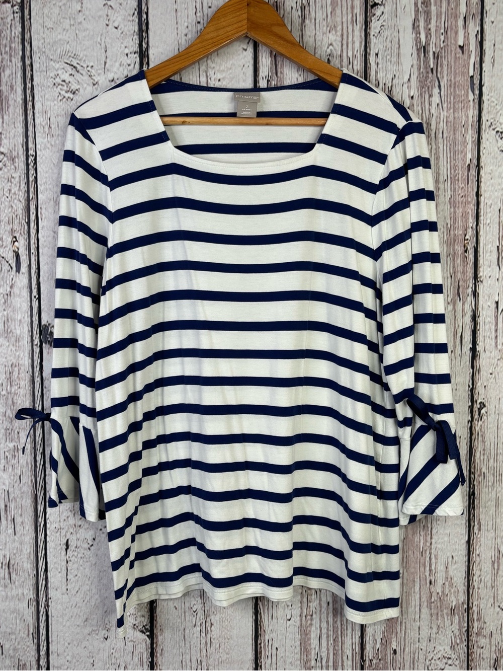 Chico’s 2 | Large Navy Blue & White Striped Blouse 3/4 Sleeves w/ Tie Details